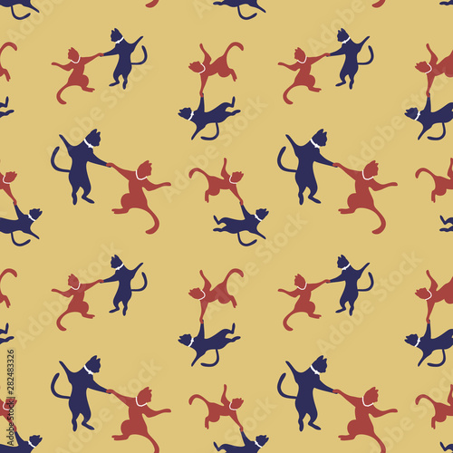 Seamless pattern with cats dancing swing. Funny animals performing jazz or boogie woogie. Nice repeated ornament on gold background. Vector illustration.