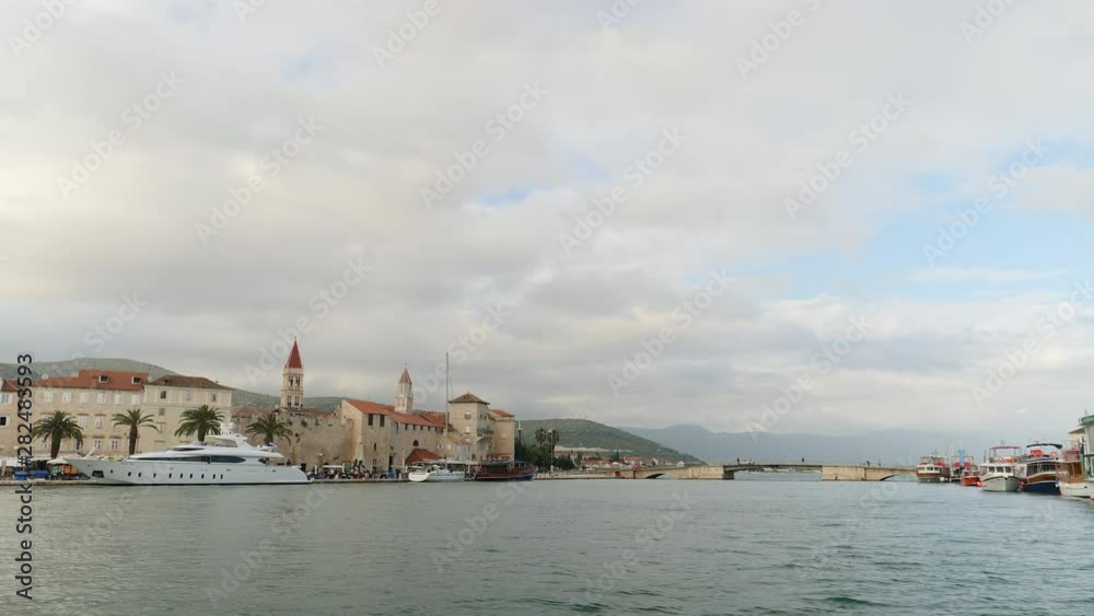 View across water of historic Trogir with bridge and super yacht. Croatia. View across water of historic Trogir with bridge and super yacht. Croatia.