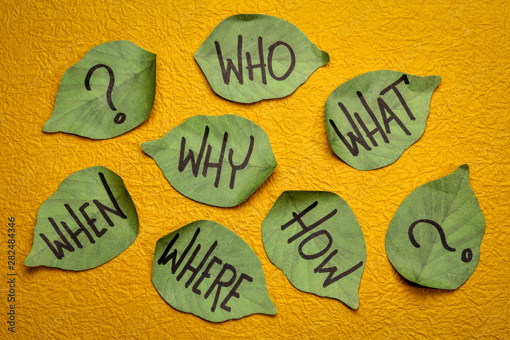 why, who, what, when, where, how brainstorming questions Stock Photo ...
