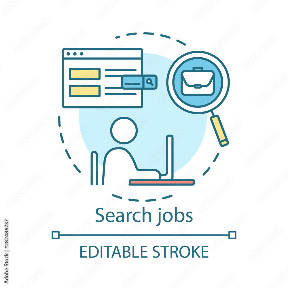 Search job concept icon. Work finding idea thin line illustration. HR management. Headhunting, hiring. Recruitment, employment. Job application. Vector isolated outline drawing. Editable stroke Search job concept icon. Work finding idea thin line illustration. HR management. Headhunting, hiring. Recruitment, employment. Job application. Vector isolated outline drawing. Editable stroke