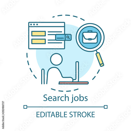 Search job concept icon. Work finding idea thin line illustration. HR management. Headhunting, hiring. Recruitment, employment. Job application. Vector isolated outline drawing. Editable stroke
