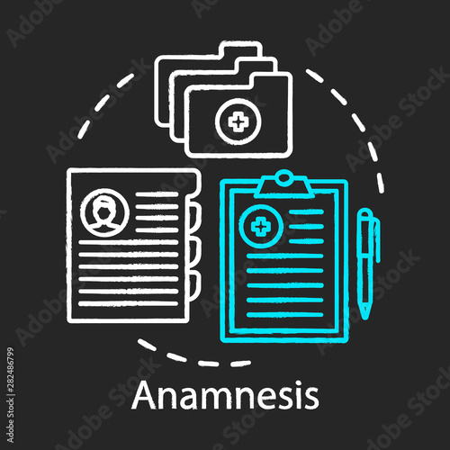 Patient anamnesis concept chalk icon. Clinical service idea. Therapy. Case history, tests, medical recipes. Healthcare database. Vector isolated chalkboard illustration