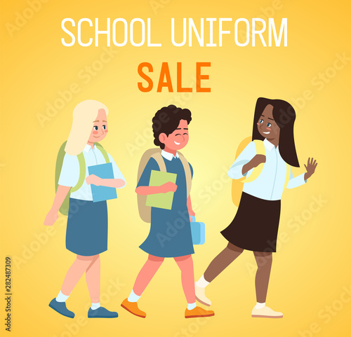 School uniform sale social media post mockup. Advertising web banner design template. Social media booster, content layout. Elementary education. Promotion poster, print ads with flat illustrations