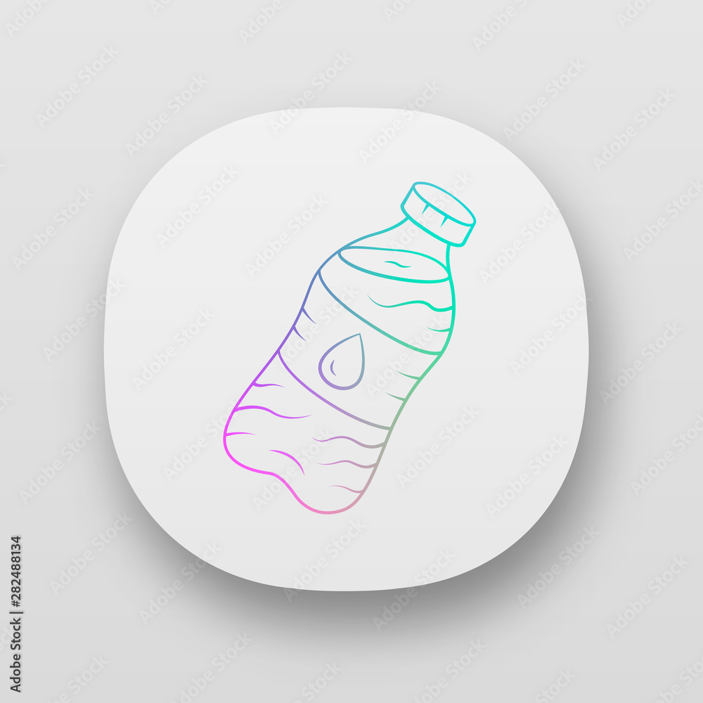 Mineral water app icon. Clean potable drinking water. Plastic bottle with label. Non-alcoholic refreshment drink. Non carbonated, beverage. Web or mobile applications. Vector isolated illustrations Mineral water app icon. Clean potable drinking water. Plastic bottle with label. Non-alcoholic refreshment drink. Non carbonated, beverage. Web or mobile applications. Vector isolated illustrations
