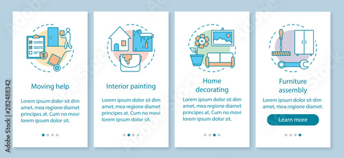 Home services onboarding mobile app page screen with linear concepts. Interior painting. Home decorating. Four walkthrough steps graphic instructions. UX, UI, GUI vector template with illustrations