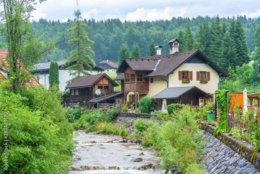 Landscape with traditional houses near Bad Goisern, Upper Austria