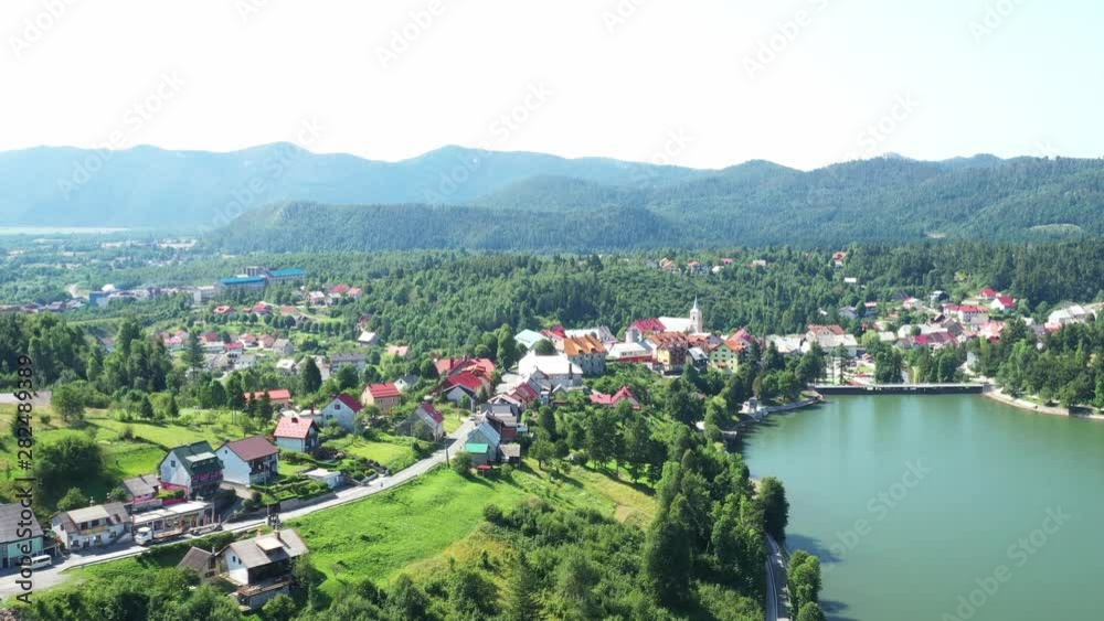 Panoramic view of town of Fuzine on beautiful Lake Bajer, Gorski kotar region, Croatia, drone aerial shot
