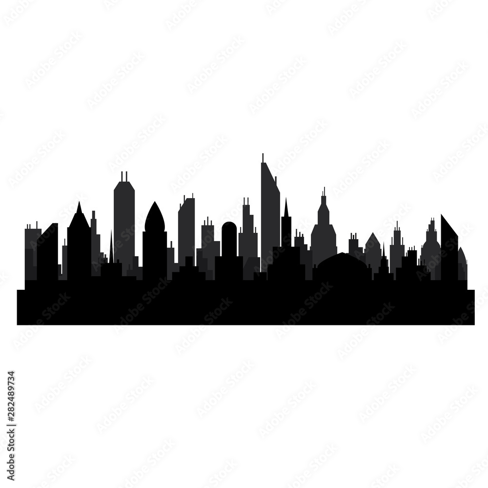Black silhouette of city lanscape with skyscrapers on white, stock vector illustration