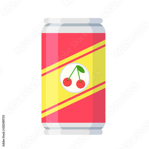 Cherry juice metal can in cartoon flat style on white, stock vector illustration