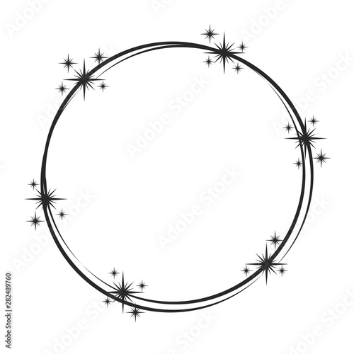 Stardust frame. Shiny star circle frame, starry glitter stamp and round magic twinkle stars trace. Shine stardust swirl, shining glowing halo for party decor. Isolated vector symbol