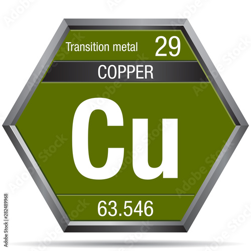 Copper symbol in the form of a hexagon with a metallic frame. Element number 29 of the Periodic Table of the Elements - Chemistry