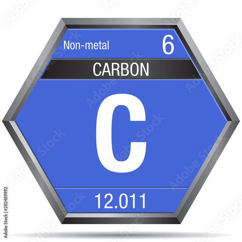 Carbon symbol in the form of a hexagon with a metallic frame. Element number 6 of the Periodic Table of the Elements - Chemistry