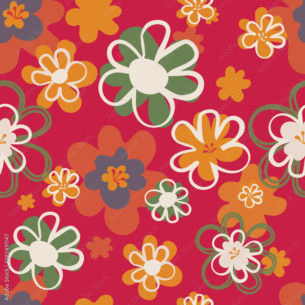 Pretty floral seventies seamless pattern in red, orange and green. Layered  flower blooms in a lively all over print. Great for textiles, home decor, stationery, paper goods and fashion use. Vector.