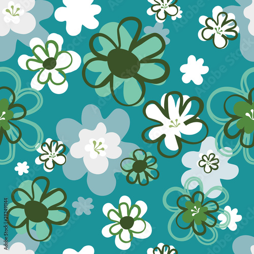 Pretty floral seventies seamless pattern in blues and greens. Funky, layered  flower blooms in a lively all over print. Great for textiles, home decor, stationery, paper goods and fashion use. Vector.