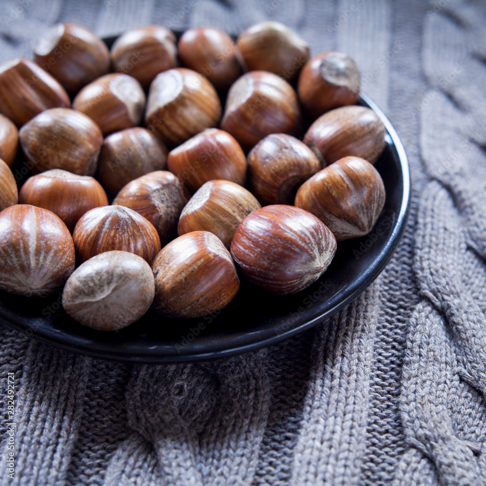 Obraz premium Hazelnut nut in shells on the natural gray background.