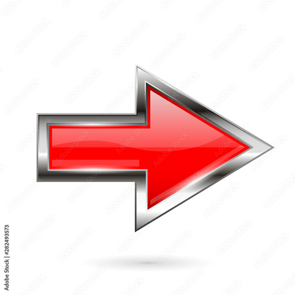 Red arrow. 3d shiny glass icon with chrome frame Red arrow. 3d shiny glass icon with chrome frame