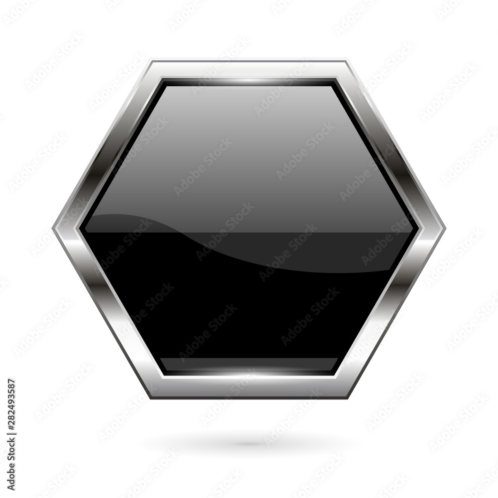 Black glass button. 3d shiny hexagon icon