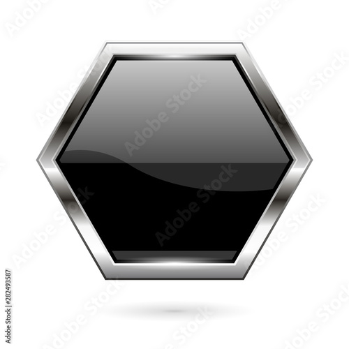 Black glass button. 3d shiny hexagon icon