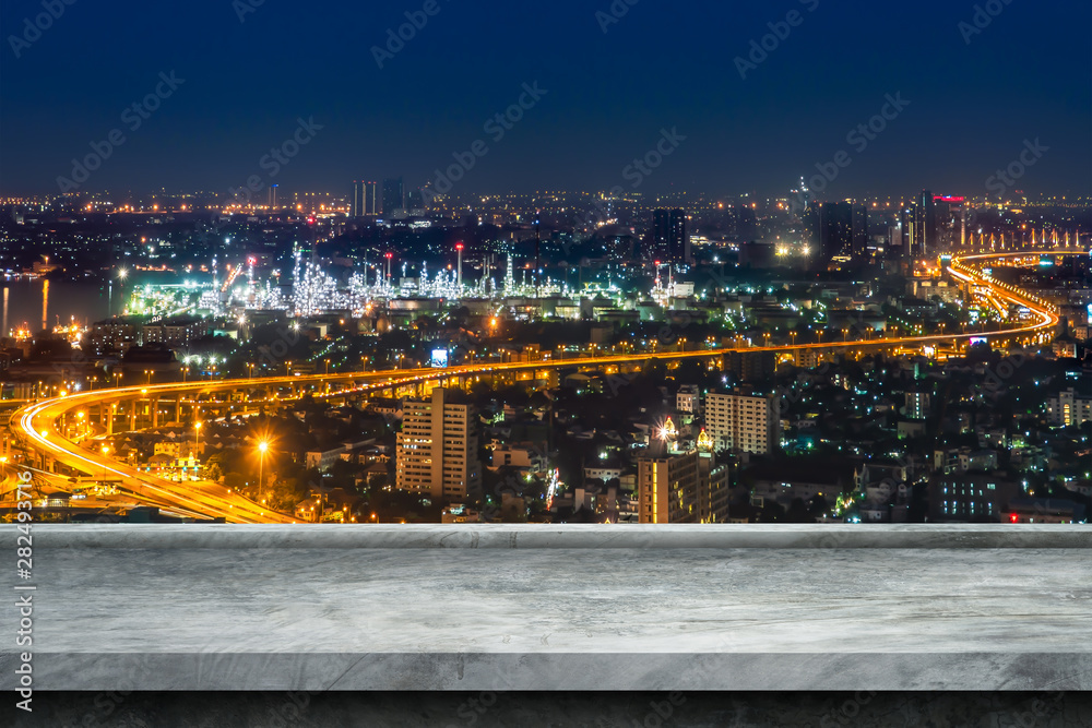 Old Gray cement shelf table with blur city backgrounds,white room, interior,dimension,for display products.Best background with copy space.