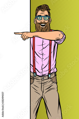 hipster man. Point to copy space poster