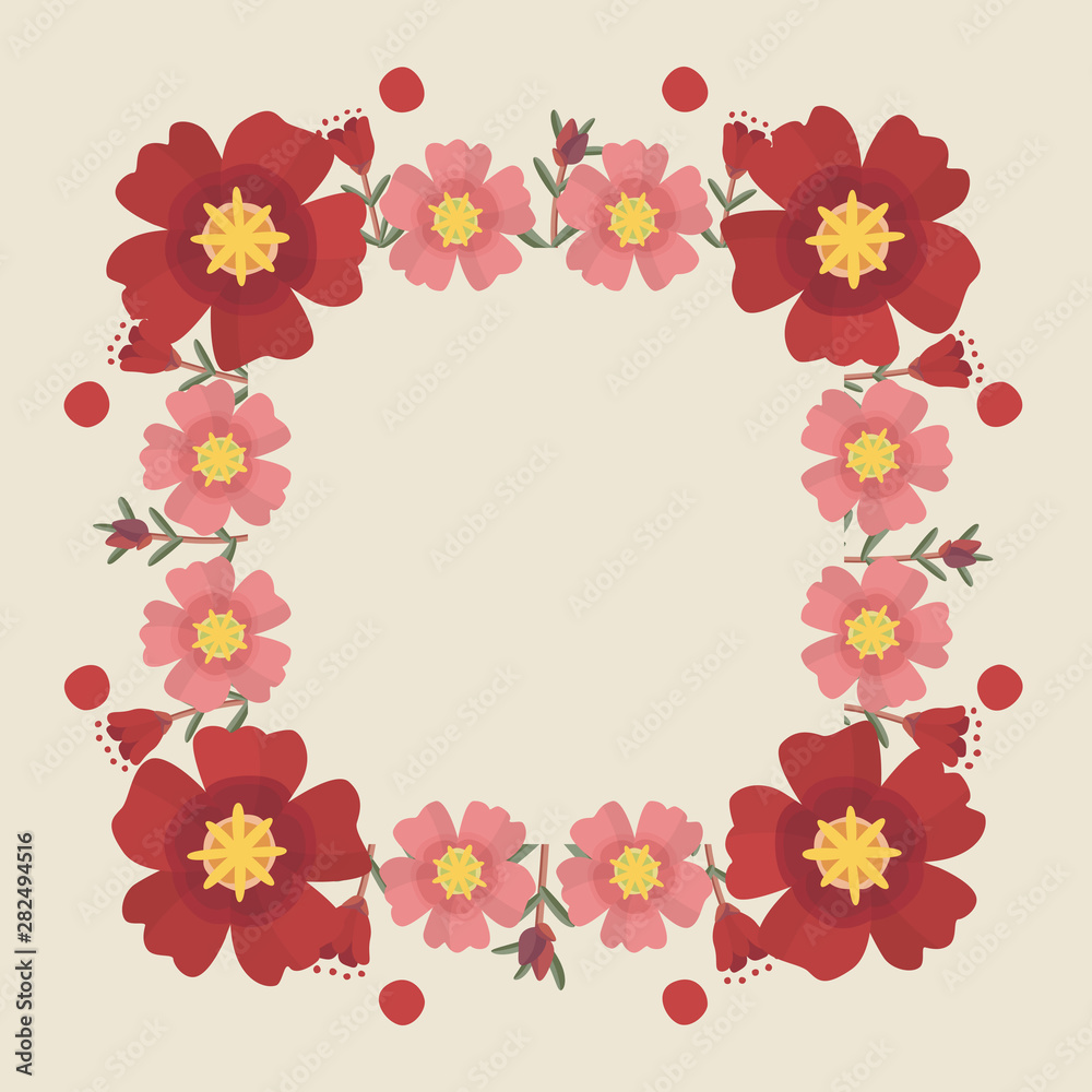 Floral greeting card and invitation template for wedding or birthday, Vector square shape of text box label and frame, Red portulaca flowers wreath ivy style with branch and leaves.