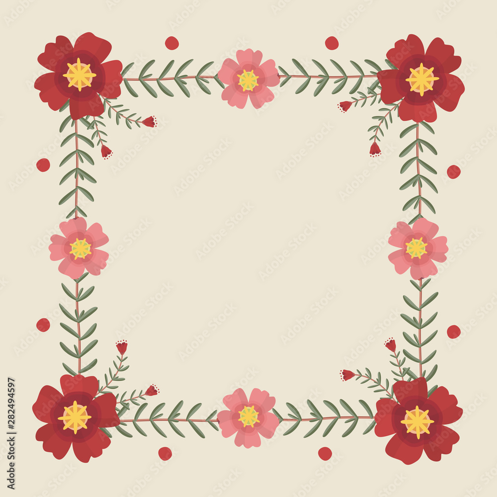 Floral greeting card and invitation template for wedding or birthday, Vector square shape of text box label and frame, Red portulaca flowers wreath ivy style with branch and leaves.