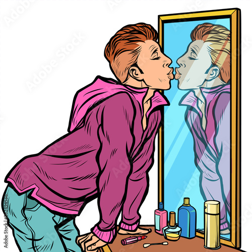 a man kisses his own reflection, narcissism ego selfishness