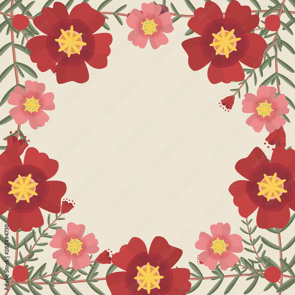 Floral greeting card and invitation template for wedding or birthday, Vector circle shape of text box label and frame, Red portulaca flowers wreath ivy style with branch and leaves.