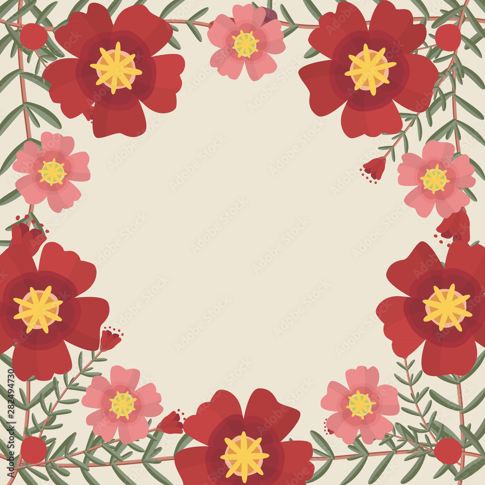 Floral greeting card and invitation template for wedding or birthday, Vector circle shape of text box label and frame, Red portulaca flowers wreath ivy style with branch and leaves. Floral greeting card and invitation template for wedding or birthday, Vector circle shape of text box label and frame, Red portulaca flowers wreath ivy style with branch and leaves.