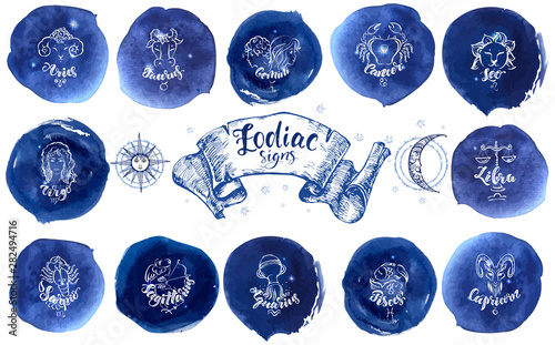 Collection of astrology signs on blue watercolor background