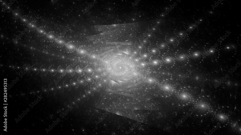 Glowing multiple spirals in space black and white intenisity map