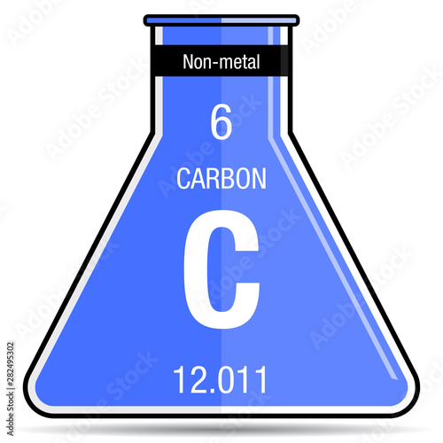 Carbon symbol on chemical flask. Element number 6 of the Periodic Table of the Elements - Chemistry