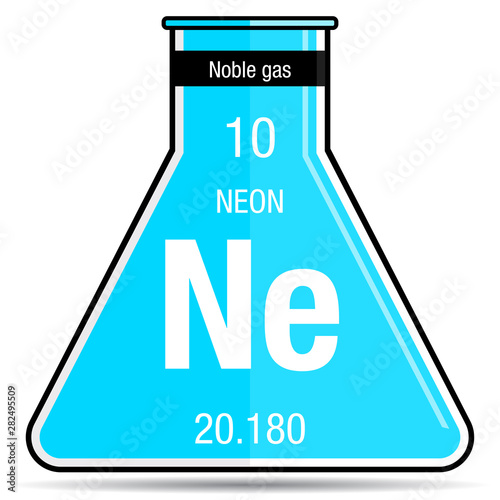 Neon symbol on chemical flask. Element number 10 of the Periodic Table of the Elements - Chemistry