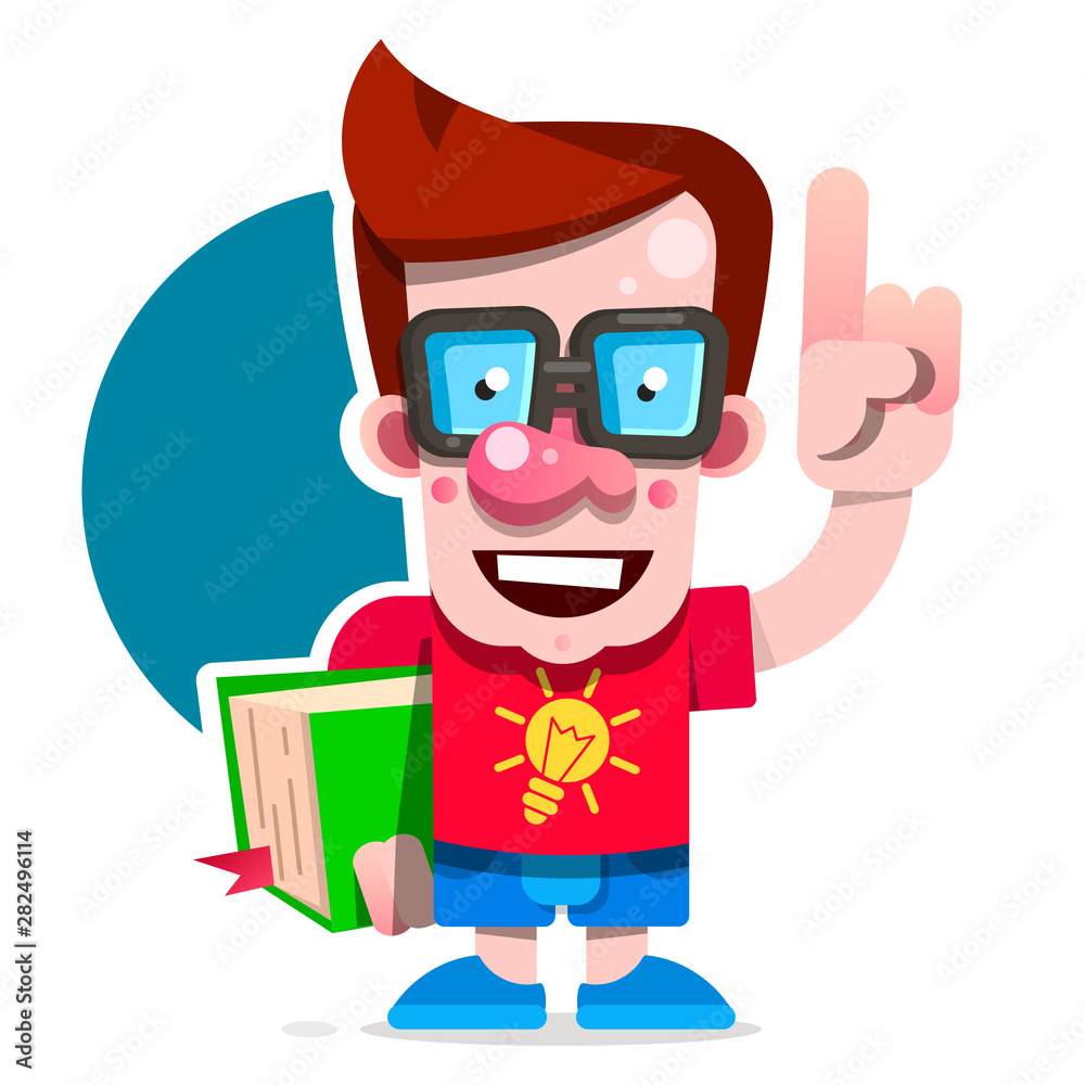 Cartoon Nerd Student Standing With A Book In His Hand. Concept Of Education. Smart Guy With Glasses. Flat Vector