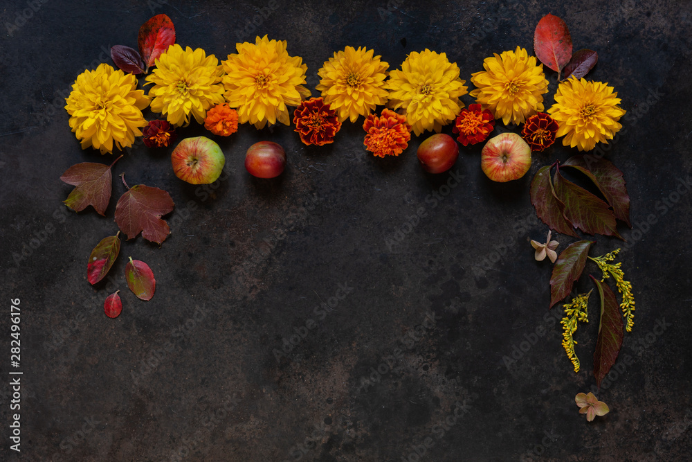 Apples, wild cherry-plums, red berries and beautiful autumn flowers with copy space floral decoration. Autumn concept. Top view, close up on dark concrete background.