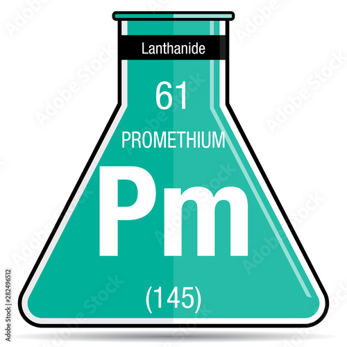 Promethium symbol on chemical flask. Element number 61 of the Periodic Table of the Elements - Chemistry