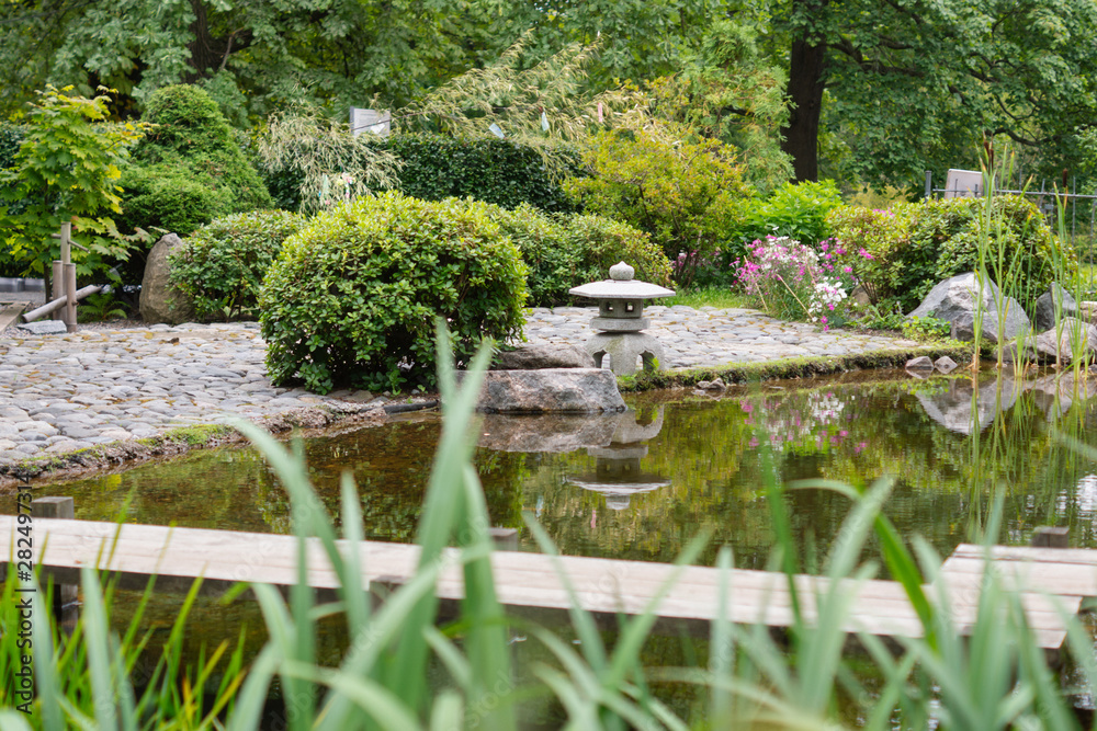 Traditional Japanese garden with a pond