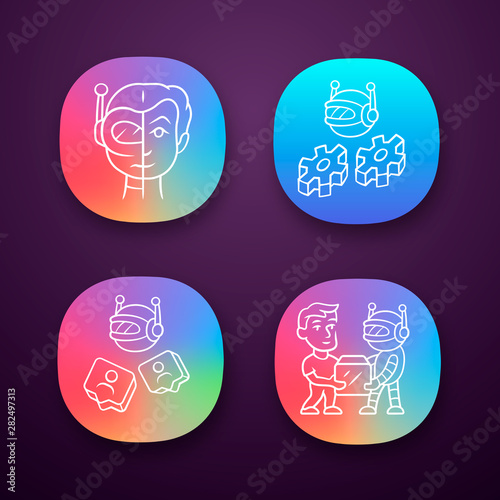 Software bot app icons set. Socialbot, transactional, impersonator robot. Software program. Artificial intelligence, AI. UI/UX user interface. Web or mobile applications. Vector isolated illustrations
