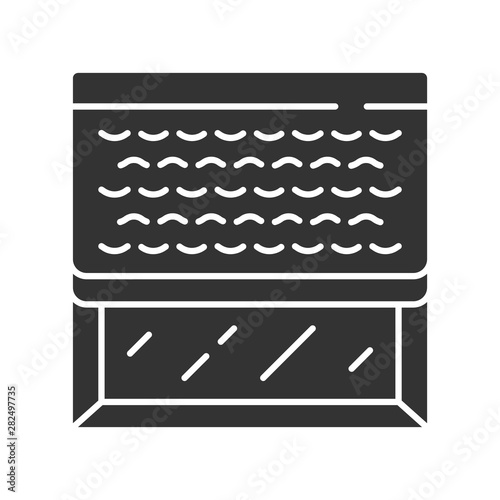 Woven wood shades glyph icon. Kitchen, living room darkening decoration. Window blinds. Interior design. Window covering, jalousie. Silhouette symbol. Negative space. Vector isolated illustration
