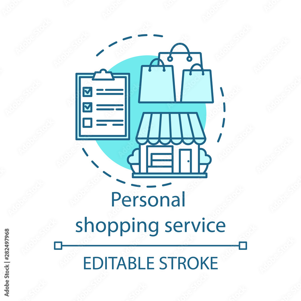 Personal shopping service concept icon. Home service idea thin line  illustration. Accompanying shopping. Assistant and consultant. Stylist,  fashion designer. Vector isolated drawing. Editable stroke Stock Vector