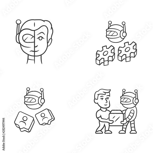 Software bot linear icons set. Socialbot, transactional robots. Artificial intelligence. Cyborgs, futuristic AI. Thin line contour symbols. Isolated vector outline illustrations. Editable stroke