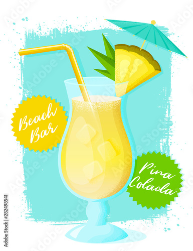 Pina Colada cocktail with pineapple. Vector illustration.