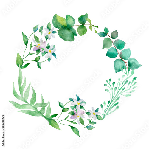 Watercolor hand painted nature circle frame with green eucalyptus leaves and branches and white blooming bergamot flowers for invitations and greeting cards with the space for text