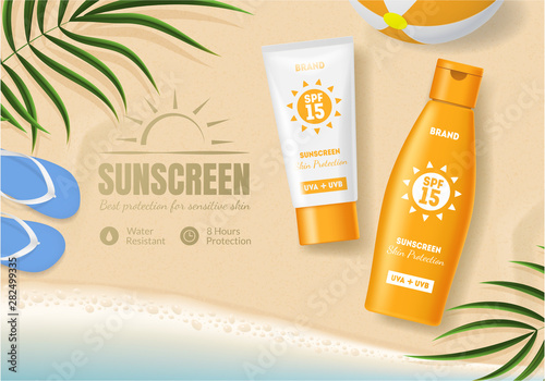 Sunscreen Cosmetic Product Ad Concept Card Background. Vector