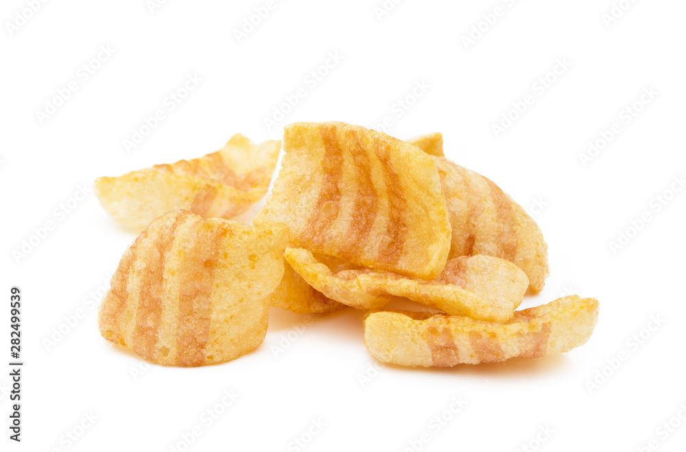 Fried wheat-potato snack with smoked bacon flavor isolated on white background Fried wheat-potato snack with smoked bacon flavor isolated on white background