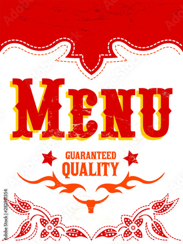 Restaurant Menu Design, Western Wild West style vector cover.
