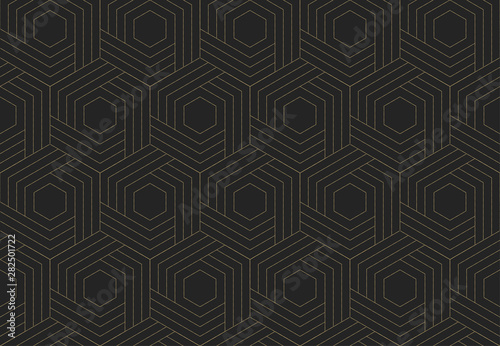 Seamless striped wicker pattern. Dark and gold texture. Repeating geometric background. Striped hexagonal grid. Linear graphic design