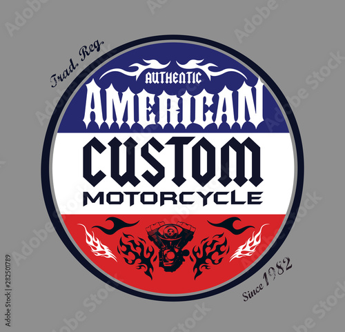 Custom Motorcycle American Badge print design, vector emblem illustration.