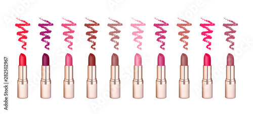 Collection of ten champagne color lipstick tubes and smears colored in different colors. Vector realistic illustration isolated on white background. Good for advertising banners, promoting of makeup.
