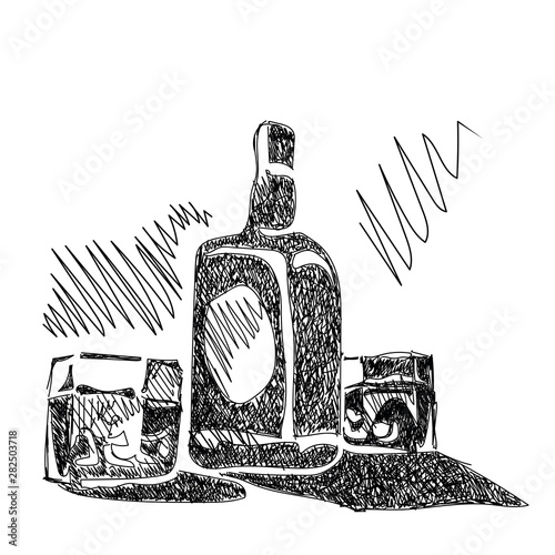 Bottle of whiskey with glasses sketch